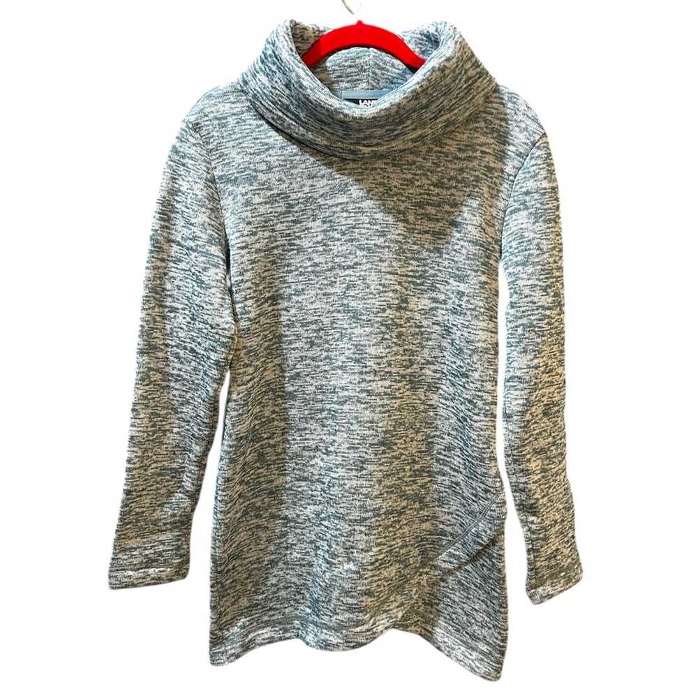 Lands’ End Turtle Cowl Neck Pullover Fleece Sweater Sz Small Blue/White Heather